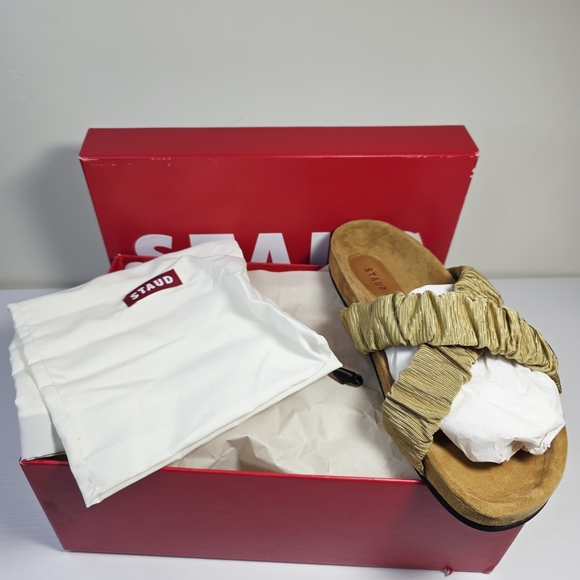 NWB STAUD Tan Ruching Criss Crossing Straps Women's Slip On Sandals Size 38 - Picture 9 of 9